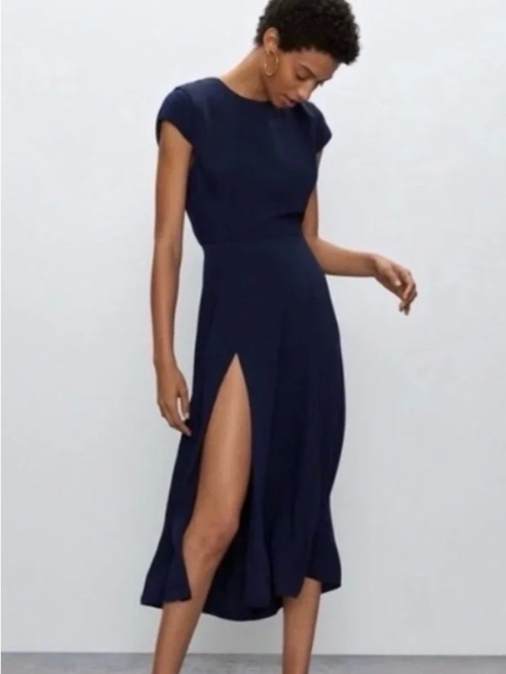 Aritzia Babaton Navy Midi Dress with Cap Sleeves and High Side Slit